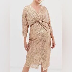 TFNC V Neck Sequins Midi Dress Plus Sz 22 Maternity Golden Party Formal Cocktail